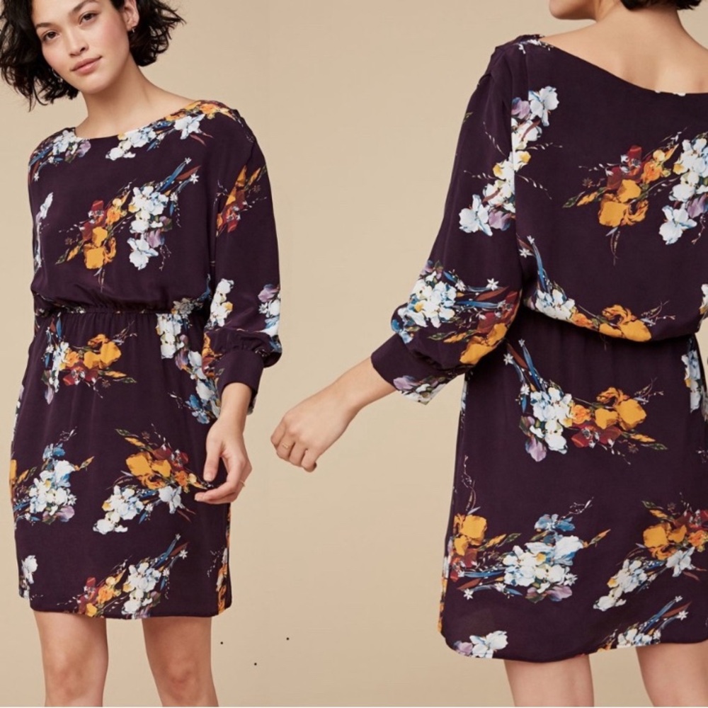 Amour Vert Purple 100% Silk "Arabelle Soirée" Multi Floral Dress- Small (4-6)